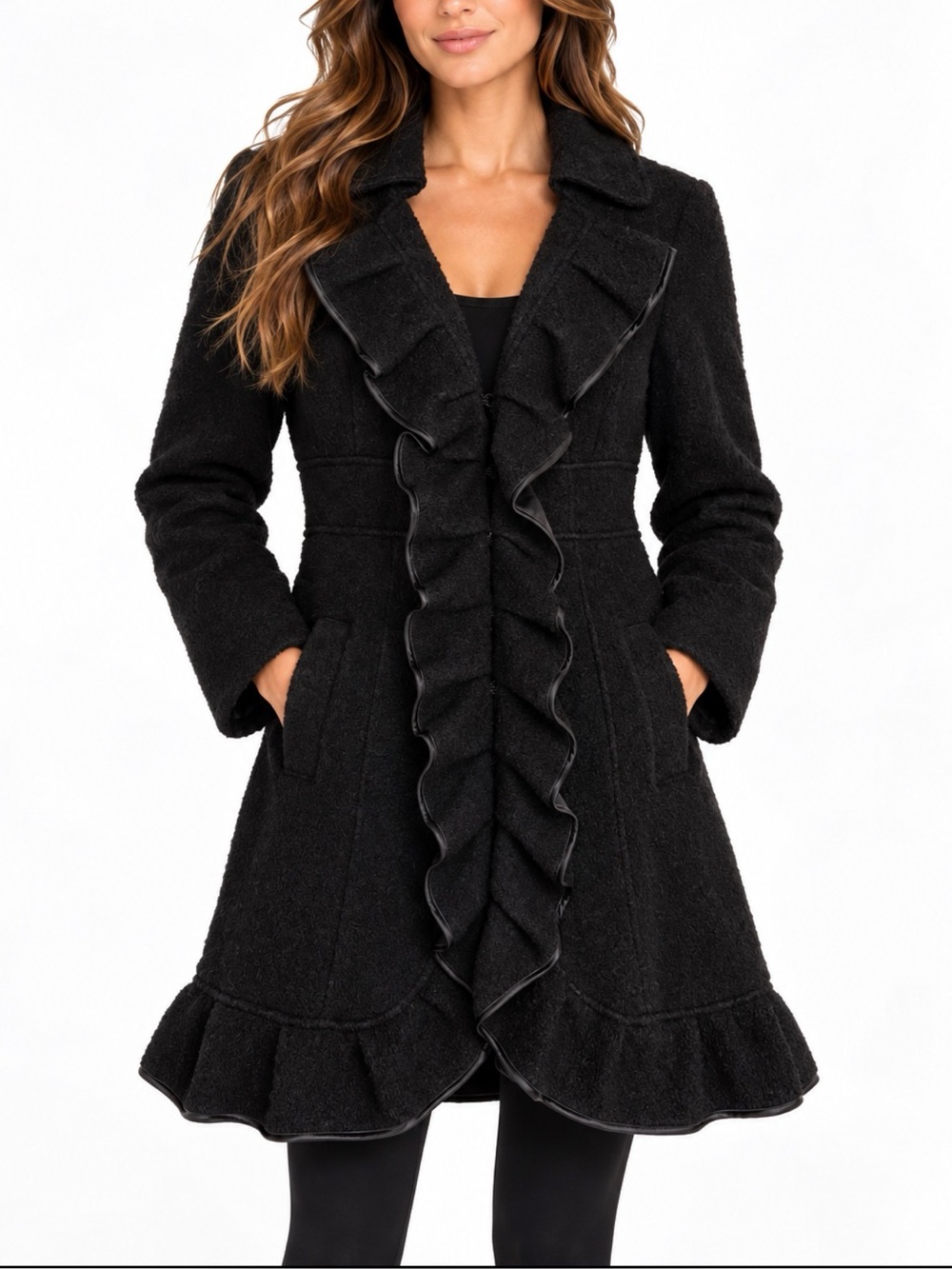 Vintage Nanette Lepore Wool Boucle Tweed Cascading Ruffle Satin Peacoat 4 Y2K S